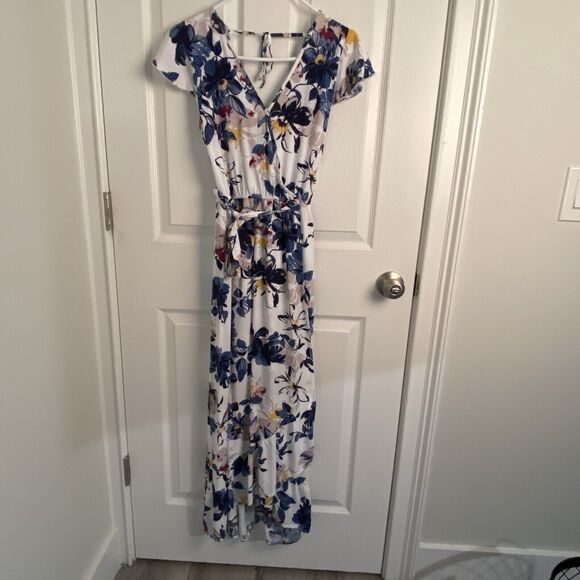 Band of the Free Dress Womens Medium Floral Tie Wrap Maxi Open Back Hi Low - Picture 1 of 6
